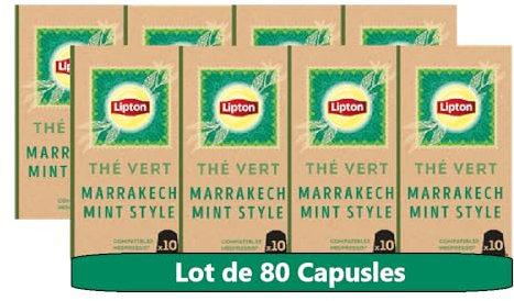 Lipton Thé Vert Marrakech Mint, 80 Capsules Compatibles Nespresso, Antioxydant et Parfumé, Menthe Fraîche et Délicate, Label Rainforest Alliance, 8x10 Capsules