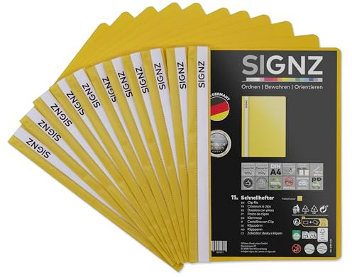 SIGNZ Schnellhefter DIN A4, stabil, 11 Stück, gelb, transparenter Deckel, CO2-neutral hergestellt, aus recycelbarem Kunststoff (PP), FSC Mix 70%, made in Germany