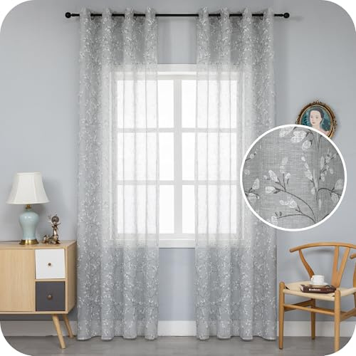 GIRASOLE HOME® Coppia Tende Antigua Semi Filtranti Effetto Lino Fantasia Magnolia Tenda per Interni 2 Pannelli con Occhielli (Grigio, 140x240cm)