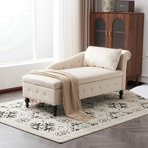 Divano imbottito chaise longue con cuscino, divano chaise longue in velluto con spazio di archiviazione, moderna poltrona lounge con testa per unghie e bottoni per camera da letto e ufficio, bracciolo