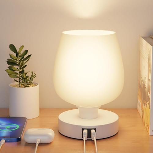 BokiHuk Lampara de Mesa con Táctil Control, Lamparas de Mesita de Noche con Puertos de Carga USB, Regulables Lampara de Noche con 3 Temperaturas de Color para Sala, Dormitorio, Oficina (1 Pieza)