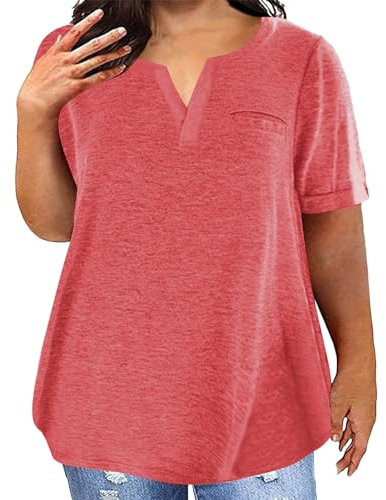 Damen T-Shirt Baumwolle Große Größe Atmungsaktiv Bequem Tshirt Mit Taschen Sommer Volltonfarbe Lockere Lässig Sport T Shirt V-Ausschnitt Kurzarm Basic Oberteil Weiß Sommershirts Tops Für Frauen