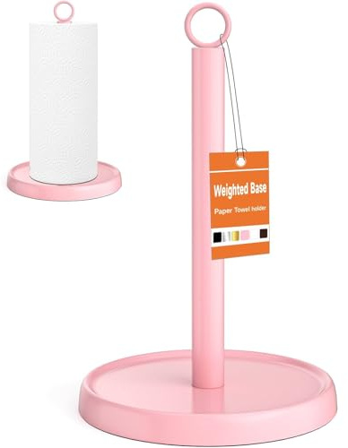 Paper Towel Holder Countertop, Stainless Steel, Paper Towel Stand Holder for Kitchen Bathroom Farmhouse Essentials Decor Accessories with Weighted Base, Pink