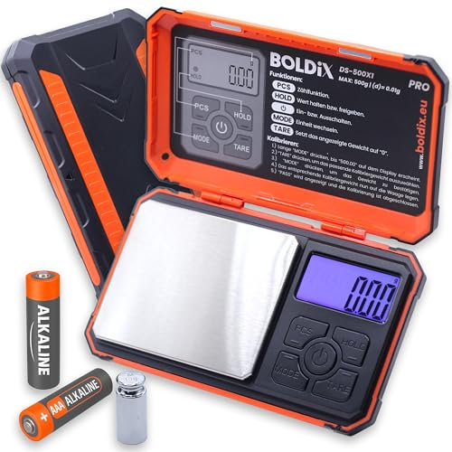 BOLDiX Taschenwaage 500g/0.01g inkl. Zählfunktion, 10g Prüfgewicht [im Batteriefach] Deckel als Schale verwendbar, 8 Einheiten | Digitale Waage Feinwaage inkl. Batterien (DS-500X1)
