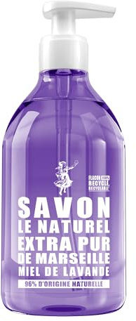 Savon Le Naturel - Savon Liquide Extra Pur de Marseille au Miel de Lavande - Origine Naturelle - Huiles Végétales et Glycérine - Tous Types de Peau - Sans Colorants - Antibactérien - 500 ml