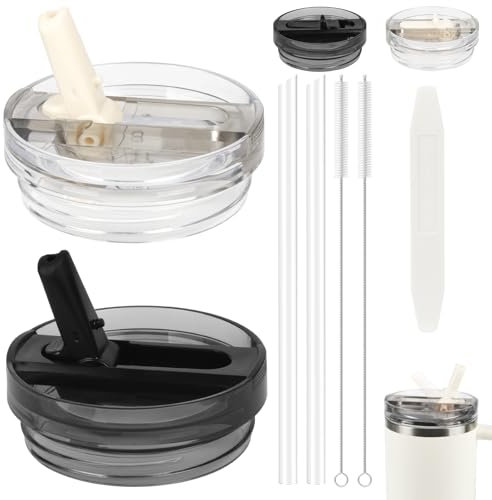 AYESY Tapa para Stanley Cup 2 Piezas Tapas Stanley Cup a Prueba de Fugas Reutilizable con 2 Pajita de Plastico y Pincel Cuentagotas Tapas de Repuesto de Vasos para Accesorios Stanley Cup-Blanco+Negro