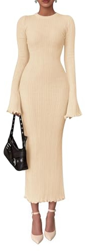PRETTYGARDEN Sweater Dresses for Women 2026 Fall Bell Long Sleeve Crew Neck Bodycon Maxi Dress Winter Ribbed Knit Outfits (Beige,Medium)