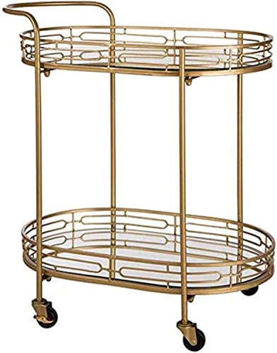 Bar-Servierwagen für Luxusrestaurants in Hotels, Servierwagen, Küchenwagen, Cateringwagen, Barwagen, oval, goldene Barwagen auf Rädern, Deluxe-Wagen mit 2 Etagen und Spiegelglasplatte aus Metall