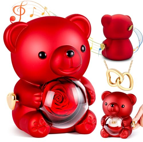 goldmiky Scatola Musicale Meccanica Orsetto con Rosa e Collana,Rosa Eterna con Collana,San Valentino per Lei Regalo,Regali Natale, Regali per la Festa Ddella Mamma Compleanno Donna Orsetto