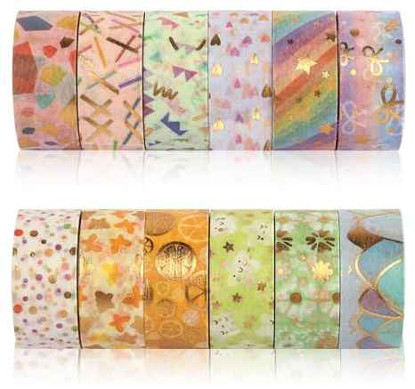 HFDONGL Washi Tape Set 12 rullar Washi Maskeringstejp 15 mm x 3 m guldfolie blomma dekorativ tejp färgglad gör-det-själv papperstejp för gör-det-själv hantverk bullet journals planerare scrapbooking