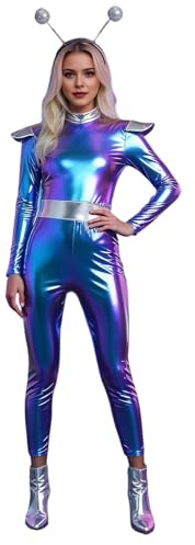 DUHENWU Mono metálico brillante para mujer, traje de cuerpo entero, disfraz de carnaval, discoteca, fiesta, baile, ropa de club, traje de manga larga, corte ajustado, elástico, traje de gimnasia