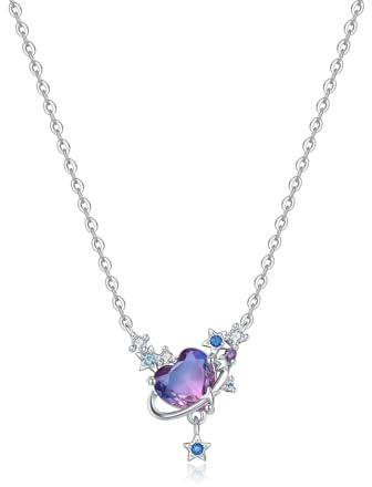 CYMYSS Necklace for Women 925 Sterling Silver Pendant Necklace with Adjustable Chain 40+5CM Layered Double Necklace Clavicle Birthday Gifts for Women (Planet of Love)