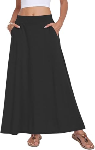 MOONPUFFY Womens Maxi Skirt Casual Elastic High Waist Flowy Long Skirts with Pockets Black,2XL