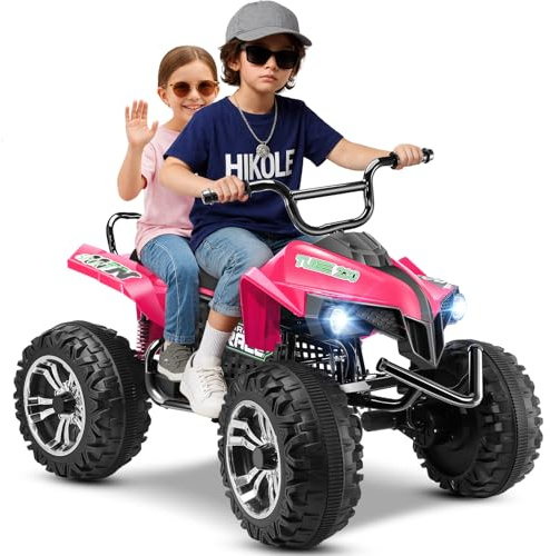 Hikole Four Wheelers for Kids 6-8-12-14 Years Old, 24V 2 Seater XXL, Kids ATV 4 Wheeler，Ride on Electric Quad, 4×4WD, Iron Frame, Multi-Terrain Driving, Shock Springs, USB/LED, Rose Pink