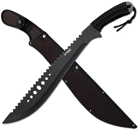 Jungle Master JM-031B Machete, Black Reverse Serrated Blade, Black Cord-Wrapped Handle, 21-Inch Overall