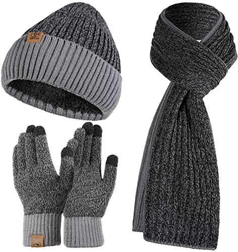 Tofern Winter Beanie Hat Scarf Touch Screen Gloves Set 3 Pieces Soft Warm Knitted Beanie Cap Neck Warmer Gloves Fleece Lined for Men and Women Outdoor Sports