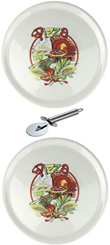 Saturnia XXL Plato de pizza de porcelana con diferentes motivos, incluye cortador de pizza de acero inoxidable (2 unidades, 31 cm de diámetro)