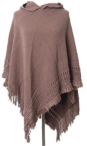 PEIHUODAN Poncho Schal Damen Winter Warmer Poncho Damen Mit Kapuze Outdoor Kuschel Poncho Teenager Mädchen Mit Strick, Cape Für Frauen Aus Strickmaterial Mit Zierfransen, Bunt (Braun)