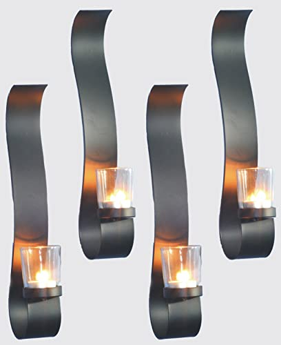Novaliv 4X Wandkerzenhalter Vintage Metall mit Glas 10 x 34,5 x 5,2 cm Schwarz Kerzenhalter Wand Teelichterhalter Deko Wohnzimmer Dekoration Wanddeko Vintage Deko Teelicht Wandhalter