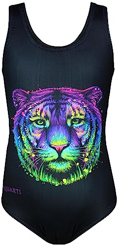 Aquarti Badeanzug Mädchen – Sportlicher Mädchen Badeanzug mit Ringerrücken Print, Farbe: Bunter Tiger/Schwarz, Größe: 164