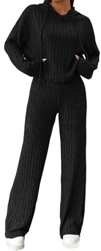 Caziffer Ensemble Femme Tricoté à Couleur Unie Ensemble Femme Chic et Élégant Ensemble Manches Longues Taille Élastique (Noir, S)