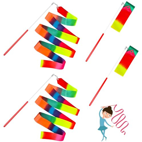 4 Pcs Dance Ribbons, Rainbow Ribbon, Rainbow Twirler Stick, 78.7Inch Rhythmic Gymnastics Ribbon, Ribbon Dancer Wand for Kids, Adults, Fits Artistic Dancing Gymnastics, Outdoor Play, Talent Shows