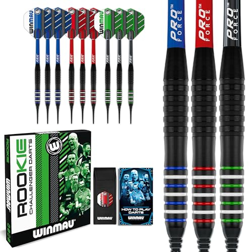 WINMAU Darts | Rookie 20g Professional Darts Set | 3 Pack (9 Dart Total) | Brass Dart Barrels | Prism Zeta Flights, Pro Force Shafts & Bar Wallet – Available in Red, Blue & Green | Amazon Exclusive