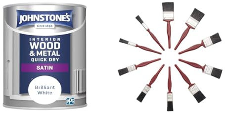 Johnstone's - Quick Dry Satin - Brilliant White - Satin Finish - Water Based - Interior Wood & Metal & Fit For The Job 10 pc Mixed Sizes Paint Brush Set for a Smooth Finish with Emulsion, Gloss