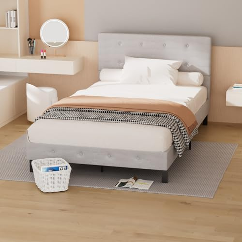 Cecaylie Letto imbottito 120 x 200 cm, telaio letto con testiera in tessuto e bordo in tessuto, rete a doghe in legno massello, letto matrimoniale di alta qualità, materasso non incluso, grigio chiaro