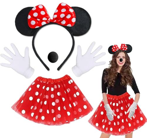 KEELYY Damen Maus Mouse Kostüm Rot Tutu Tüllrock mit weiß Gepunktet + Maus Ohren Haarreifen + Handschuhe + Nase, Faschingskostüme Damen für Fasching Karneval Mottoparty Cosplay