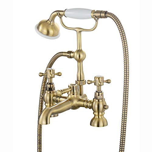 ENKI, Camberley, BBT0280, Antique Brass, Bath Shower Mixer Taps, Traditional Victorian Cross Handle, Solid Brass, Easy Clean, Traditional Design, Easy to Install, 10-Year Guarantee