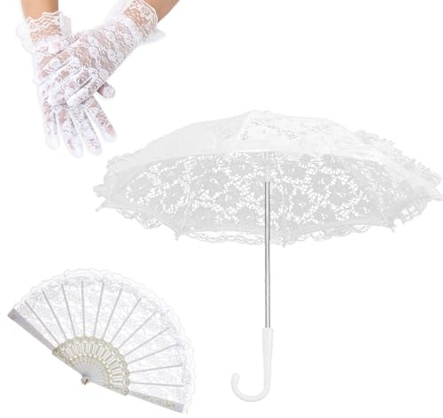 Mini White Lace Parasol Set Wedding Bridal Lace Parasol Vintage Lace Umbrella Lace Gloves White Handheld Folding Fan Lace Embroidery Parasol Set for Costume Photo Prop Tea Party Wedding Party Supplies