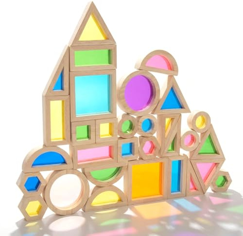 WOODENFUN Montessori, 32 blocchi di luce in acrilico arcobaleno, per bambini, in legno di gomma, trasparenti, arcobaleno, acrilico