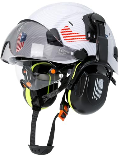 Perldverge Construction Hard Hat with Visor and Hearing Protection-White Carbon Fiber Hardhat OSHA Approved with Visor and Ear Muffs,Construction/Forestry/Arborist Safety Helmet with Chin Straps
