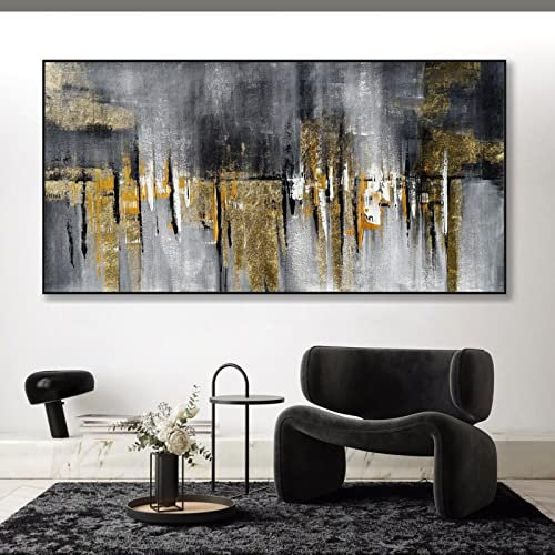 Lienzo minimalista con marco grande, pintura al óleo, panorámica, hoja dorada negra, arte abstracto para pared, 90 x 185 cm, listo para colgar