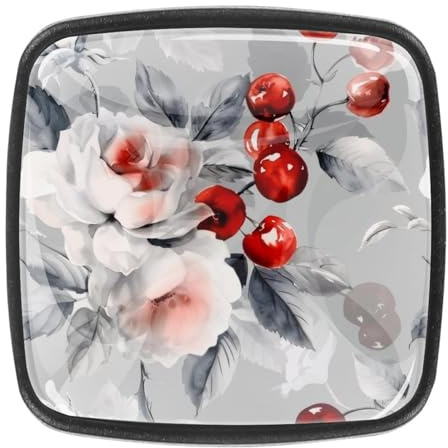 Lot de 4 boutons de tiroir de commode carrés en verre cristal avec vis pour cuisine, salle de bain, chambre d'enfant, chambre d'enfant (fleurs roses avec fond gris cerise rouge)