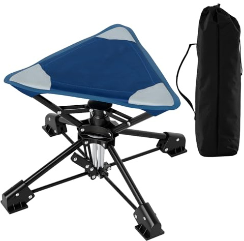 TANGZON Folding Camping Stool, 360° Swivel Portable Tripod Seat with Anti-Sink Feet & Carrying Bag, Outdoor Lightweight Hunting Chair for Fishing, Hunting, Picnic (1, Blue+Black)