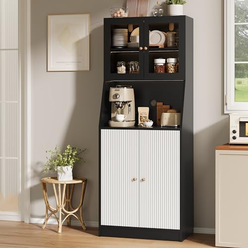 MISNODE Köksskåp med bänkskiva, bufféskåp med 2 glasdörrar och LED, köksbuffé med 4 dörrar, justerbart hyllor, högskåp för kök, vardagsrum, matsal (svart-XF02, 70 x 40 x 180)