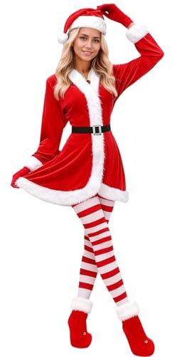 Generico Costume da Elfo Donna Costume Babbo Natale Vestito Natalizio con Cintura Cappello Calze Scarpe Abito di Flanella Set di Mrs Claus Costumi Carnevale Natale Halloween