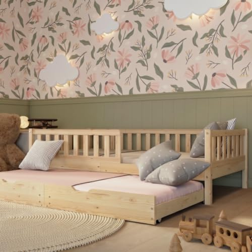 Crazy Pine Barnsäng med utdragssäng 100x200 cm – barnsäng i naturträ med fallskydd – Montessori golvsäng med låda med sovfunktion och avtagbar barriär – Crazy Basic