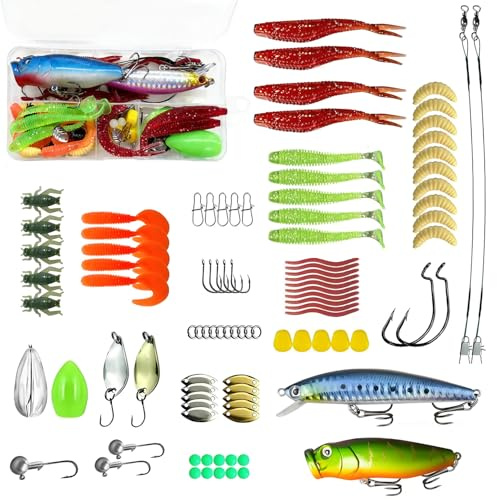 Xynovate Esche da Pesca, Kit di Esche da Pesca Morbide, 98 pezzi Set di Esche da Pesca Misti Universali con Scatola per Attrezzi, Inclusi Filatori, Vermi, Cucchiai, Esche Rigide, ecc