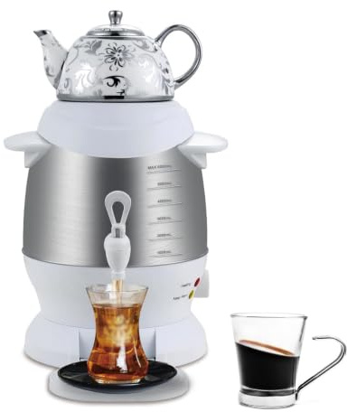 Elektrisk samovar turkisk tekokare 1800W 5L med 1L keramisk tekanna white