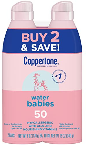 Coppertone WaterBabies Sunscreen Spray SPF 50, Spray On Sunscreen for Babies, Water Resistant, Pediatrician Recommended, 6 Oz, Pack of 2