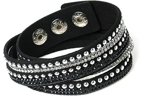 Unique Gems Damen Strass Armband Wickelarmband Kristalle schwarz weiß edles Alcantara Nieten mit Druckknöpfen zum verstellen
