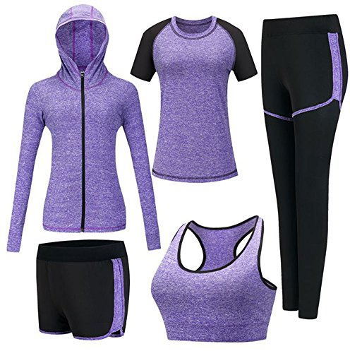 ZETIY Tute da Ginnastica Donna Set, 5 Pezzi Abbigliamento Sportivo Donna per Pilates Yoga Jogging Gym Workout Ginnastica Include Manica Lunga e Corta, Pantaloni, Reggiseno - Viola - M