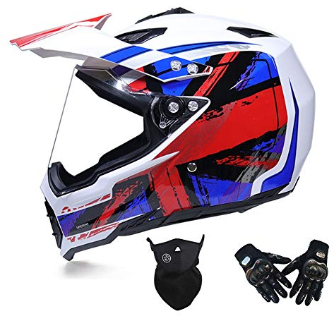 Motocross Helm Set, MRDEAR Fullface Offroad Helm mit Handschuhe Maske, Motorrad Crosshelm mit Visier, Motorradhelm Schutzhelm Sicherheit Schutz Kit für MTB Enduro BMX Downhill,Weiß,M