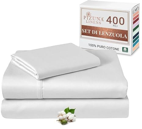Pizuna Set Lenzuola letto singolo Cotone 90x200 cm Bianco, 400 fili con trama Sateen in 100% Cotone a fiocco lungo Biancheria De Letto con 1 lenzuolo con angoli, 1 lenzuolo sopra, 1 federa