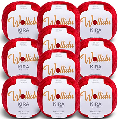 Wollidu Kira 100% Baumwolle zum Stricken und Häkeln 10 x 50g Set Häkelgarn Strickgarn - Rot