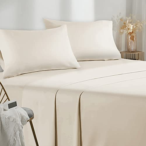 Poligino Sabanas Cama 180 - Juego Sábanas 4 Piezas - Sábanas Bajera Ajustable - Encimera - 2 Funda de Almohada 50x80 (Cama 180-180x190/200 cm, Beige)