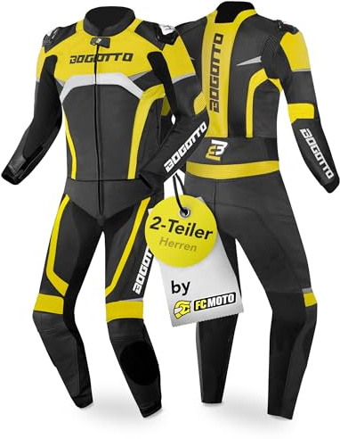 Bogotto Misano Tuta in pelle da moto a due pezzi, nero/bianco/giallo neon, 52